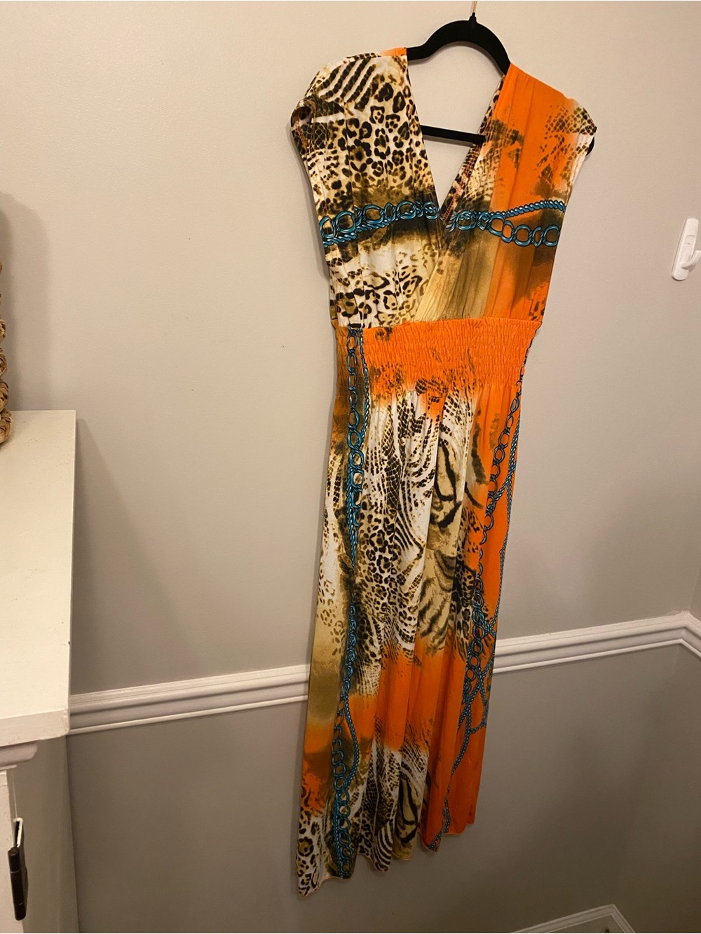 Orange Animal-Print Maxi Dress with Teal Chain Detail